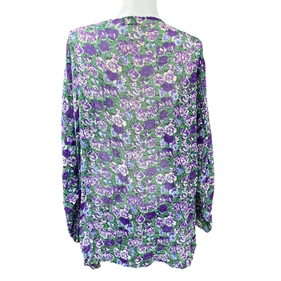 Vintage 90s Alexander Brown Floral Sheer Cardigan Lace Tie Rayon Purple Green XL - Picture 6 of 8